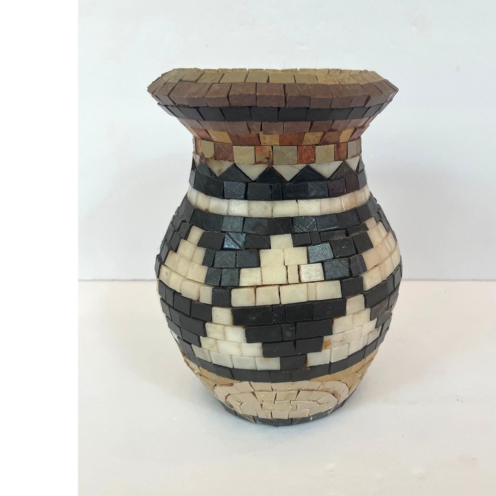 Vintage Handcrafted Mosaic Stone Vase Geometric Tribal Pattern Earthy Tones 7"